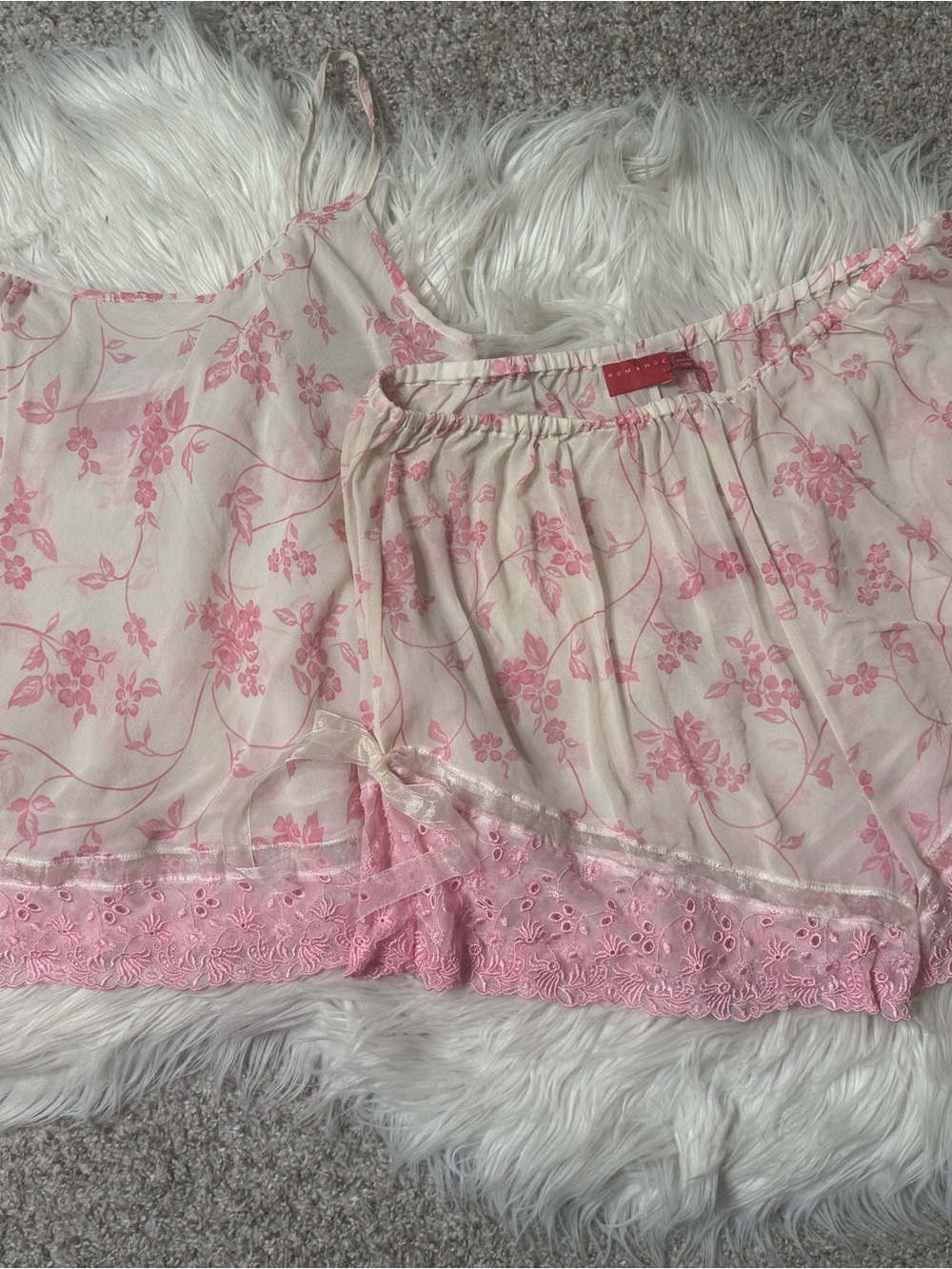 Vintage Silk Pink Floral Lace-Trim Sleep Set Lg